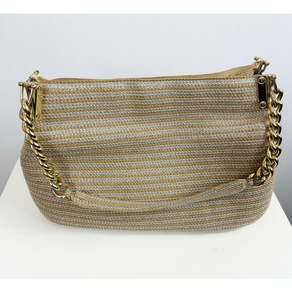 Eric Javits NY Womens Metallic Raffia Double Chain-Link Strap Purse Gold Silver - Picture 5 of 12